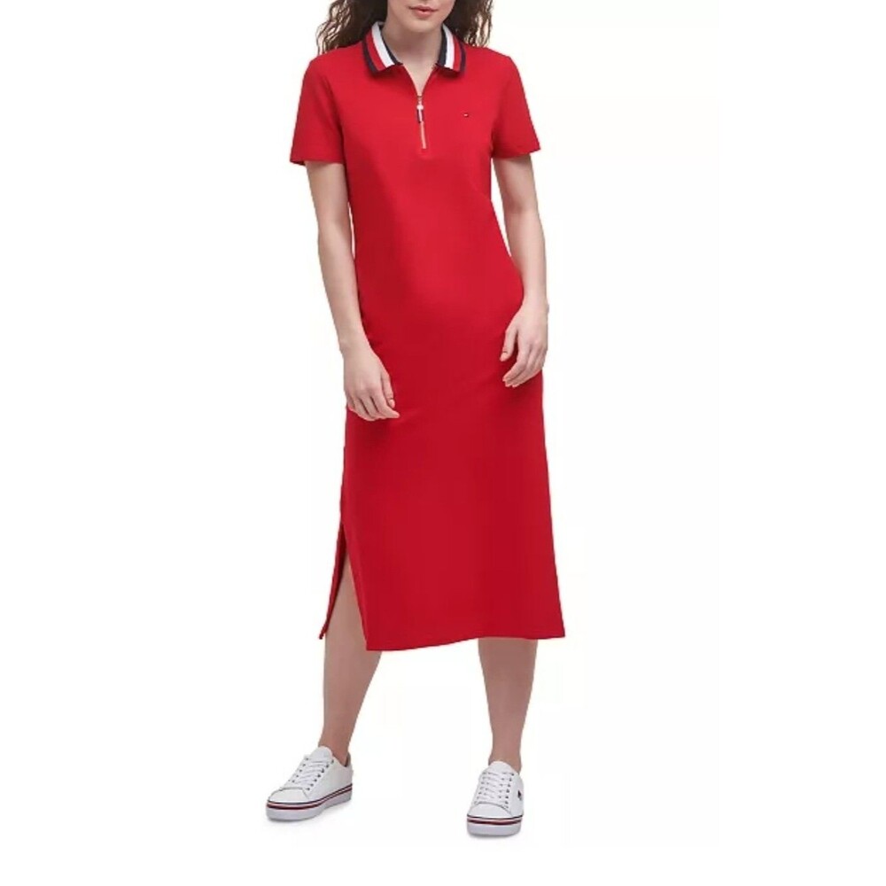 Tommy Hilfiger Stretch Red Ribbed Polo Midi Dress White Trim Women sz Large